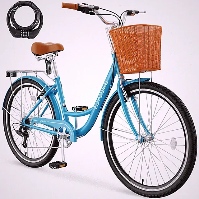 H&ZT 24 / 26 Inch Cruiser Bike for Women 7 Speed Step-Through Bicycle w/ Basket