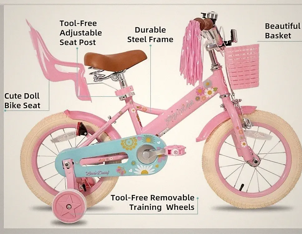Joystar 14” kids bike with Training Wheels, Basket And Doll Set, Pink