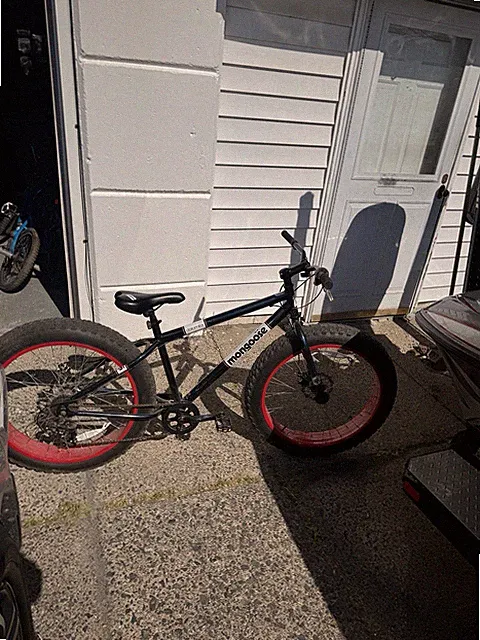 Mongoose Fat Bike 26 in Wheels Fat Tires Black Frame Red Rims Black Red Colors