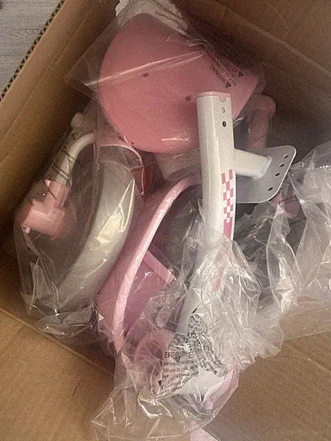 Pink and White Tricycle Parts in Box, 3 Wheels