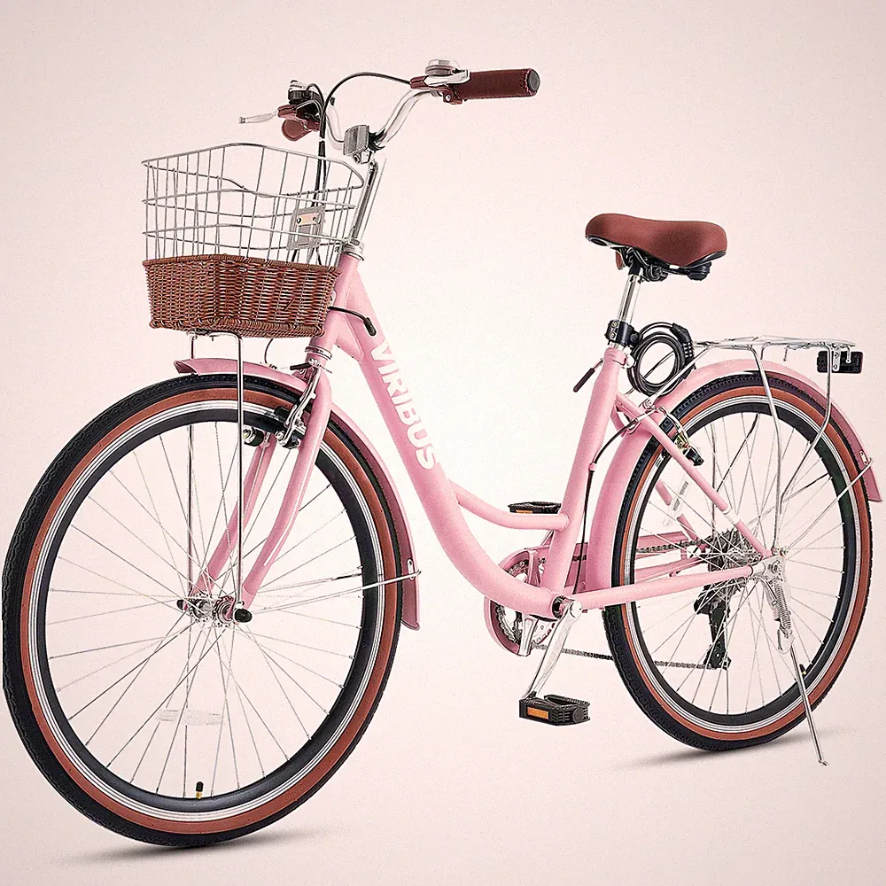 VIRIBUS 7-Speed Beach Cruiser Bike 26" City Bicycle w Basket Comfort for Women